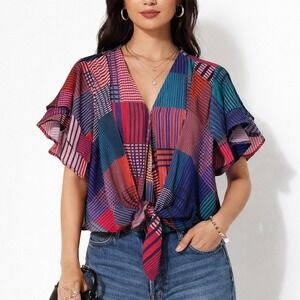 Geometric Tie Front Top Womens Size Small Colorful Flutter Festival Bright Artsy